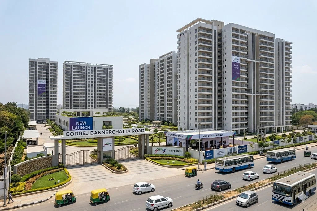 High-rise towers of the new Godrej Bannerghatta project featuring premium 3 and 4 BHK apartments with views of the 6-acre private forest.